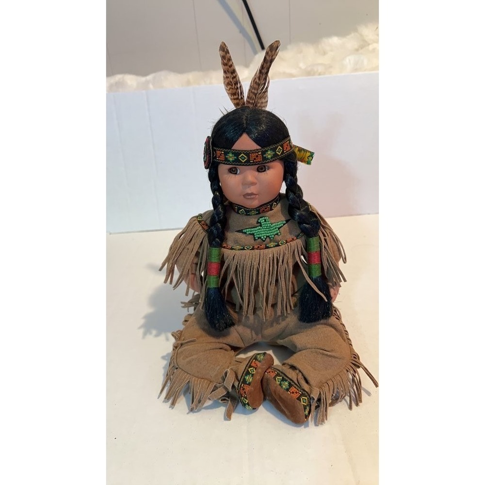 Vintage Native American Style Porcelain Doll with Feather Headdress